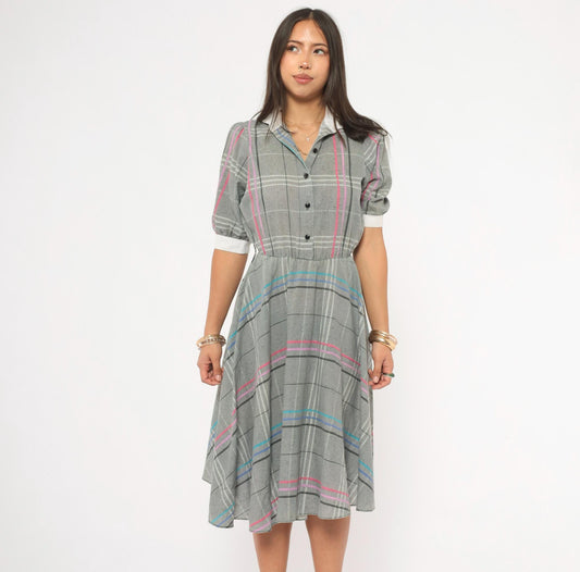 80s Grey Plaid Shirtdress Puff Sleeve White Collar A-Line Small