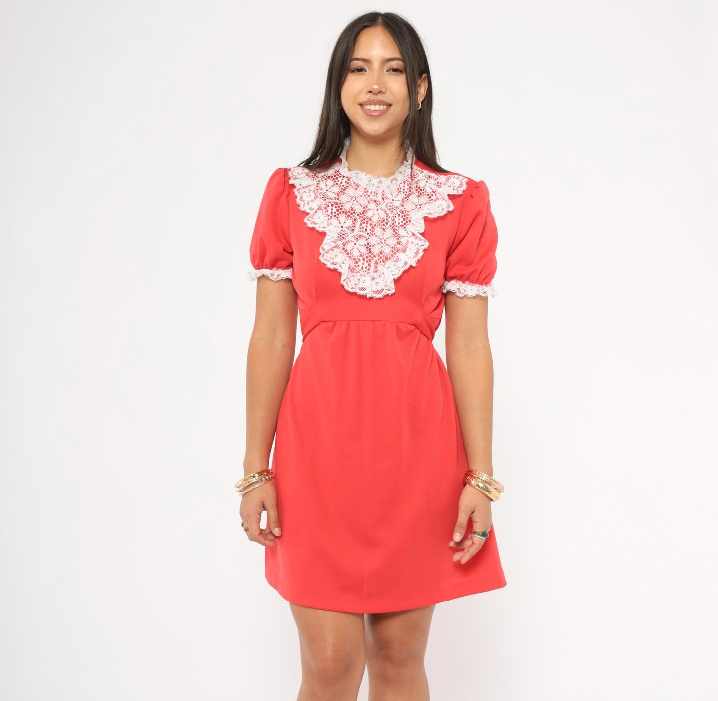 70s Red Mini Dress White Lace Bib Puff Sleeve A-Line Small S