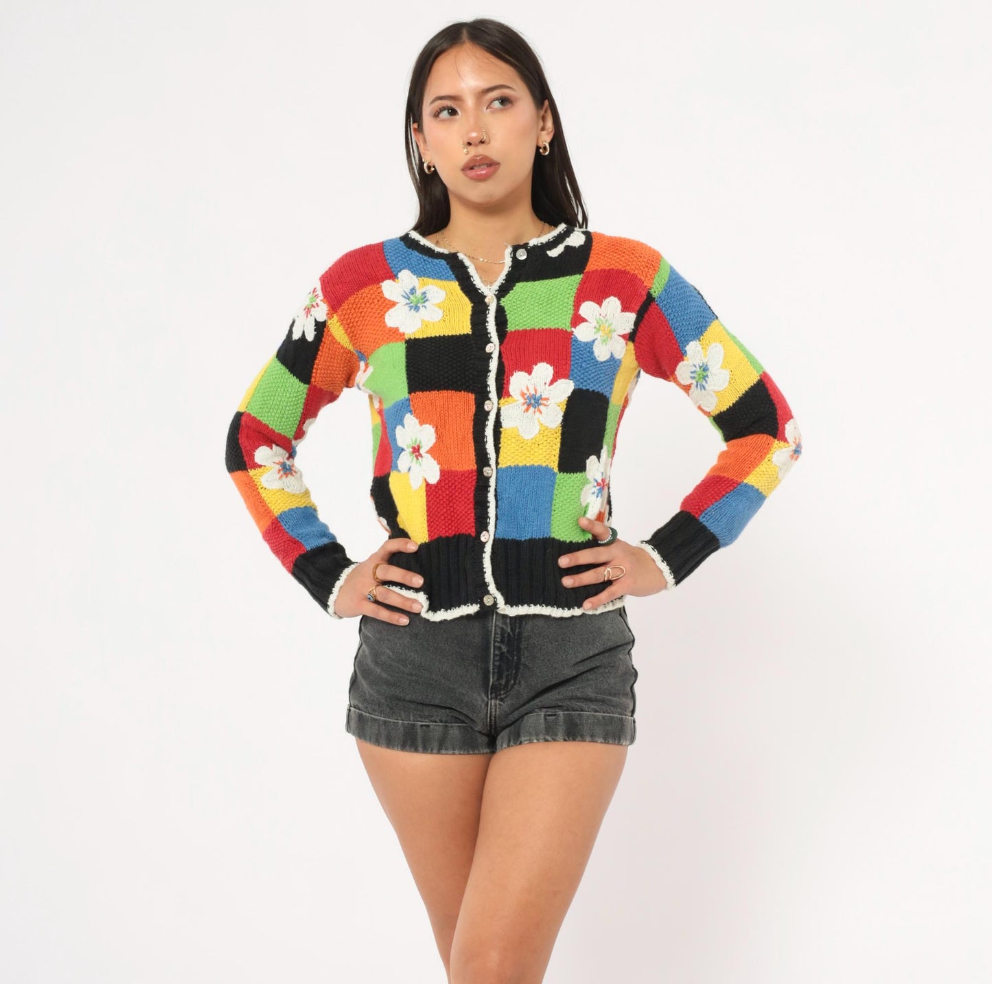 2000s Susan Bristol Patchwork Cardigan Colorblock Floral Applique Small S