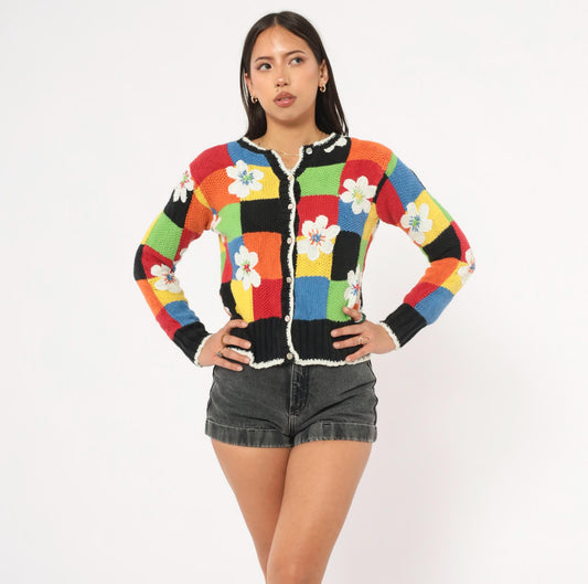 2000s Susan Bristol Patchwork Cardigan Colorblock Floral Applique Small S