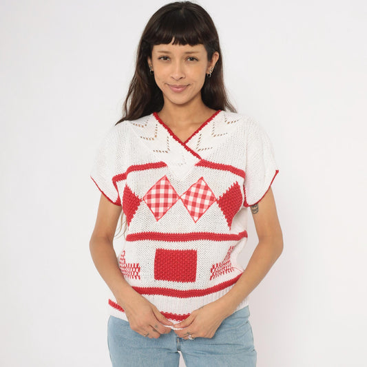 80s SML Sport Gingham Patchwork Knit Top White Red V-Neck Small
