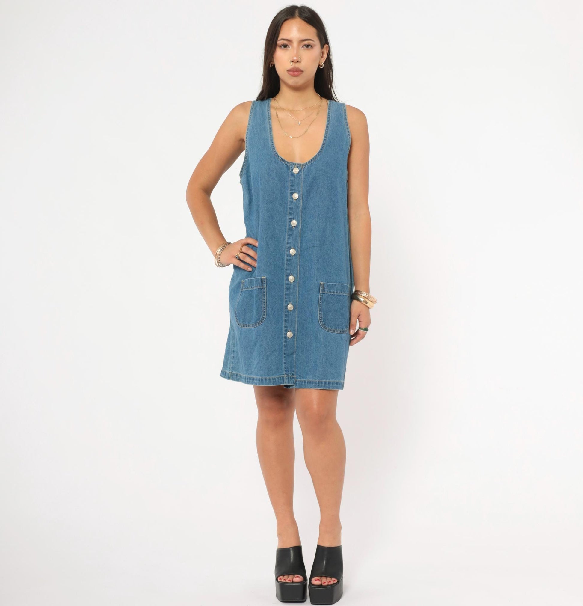 90s Cherokee Denim Jumper Dress Button Front Mini Blue Chambray Large L