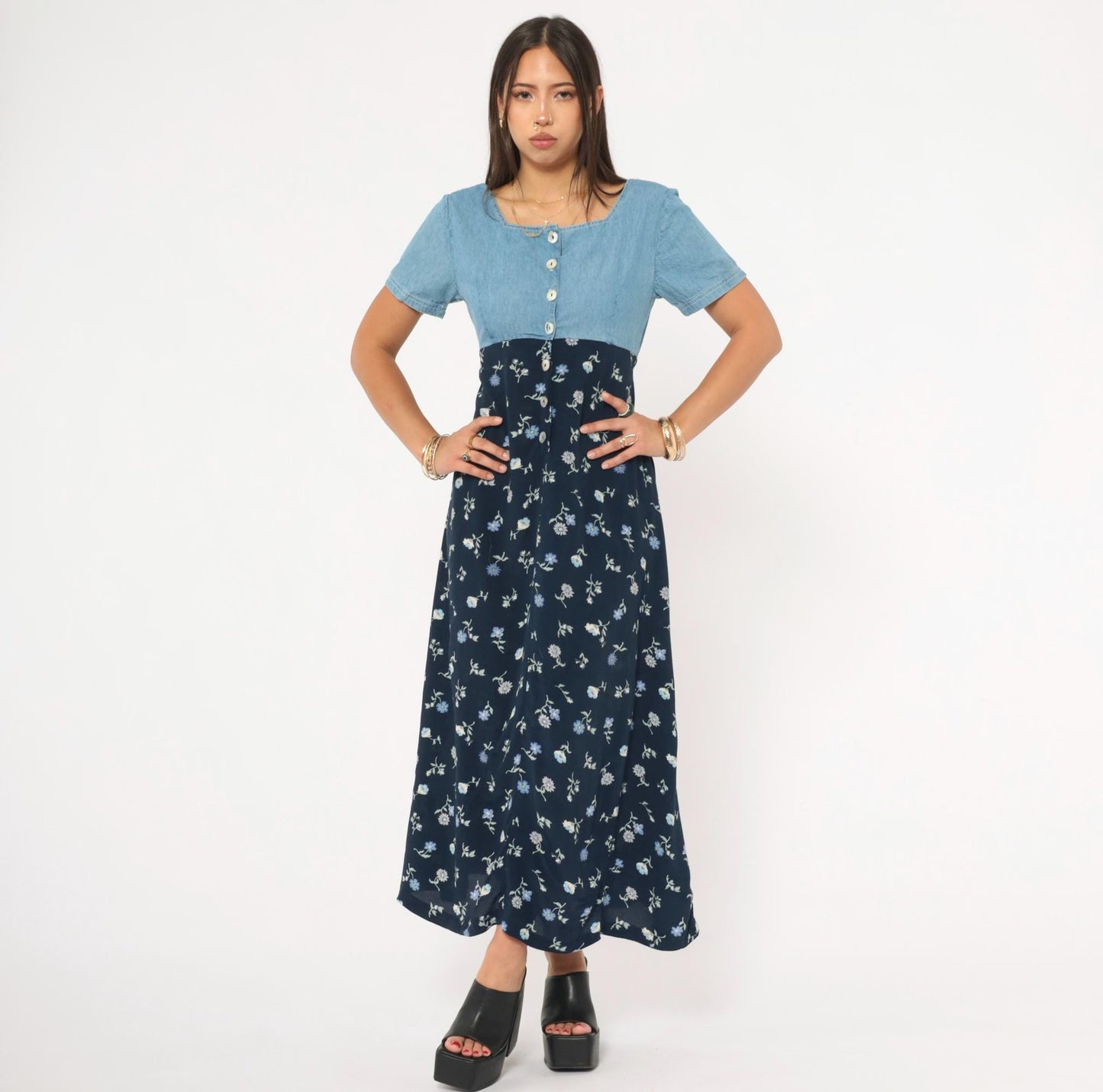 90s Express Denim Floral Maxi Dress Navy Empire Waist Button Front Small