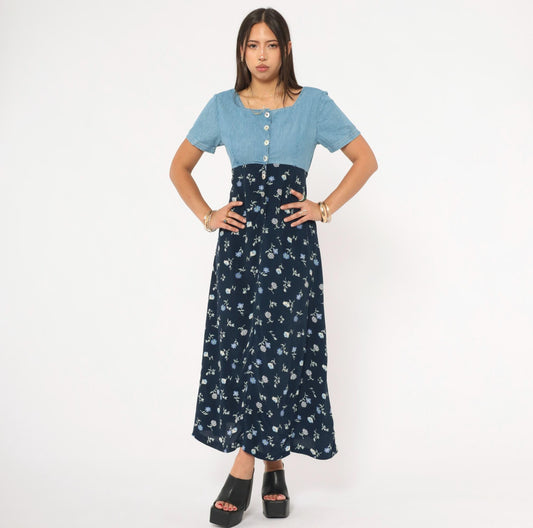 90s Express Denim Floral Maxi Dress Navy Empire Waist Button Front Small