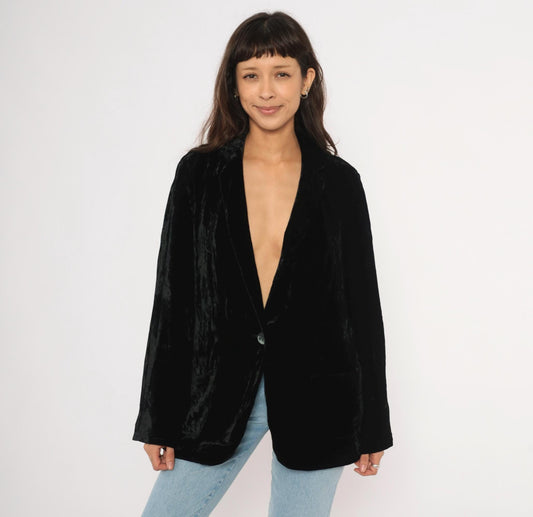 90s J. Jill Black Crushed Velvet Blazer Deep V Single Button Medium