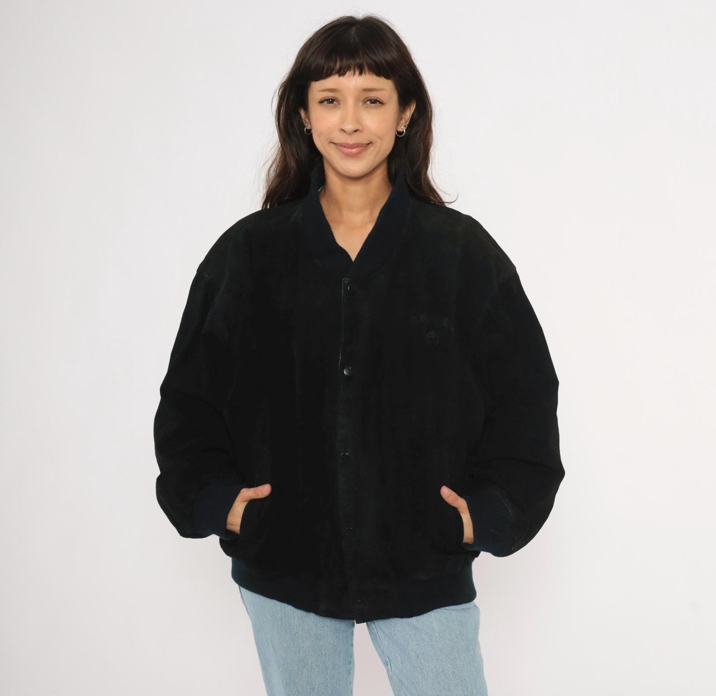 90s Camel Black Suede Bomber Jacket Knit Collar Leather Coat Extra Large XL