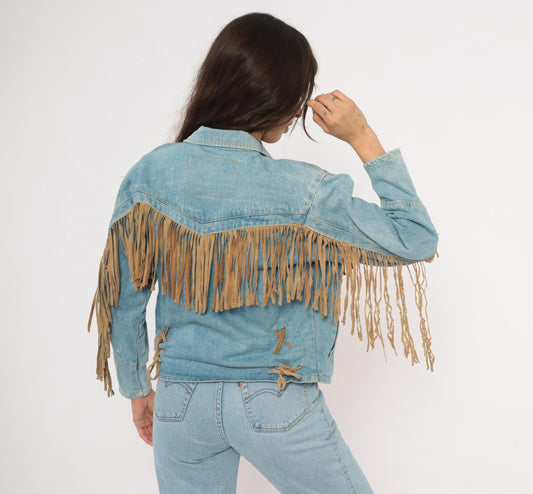 90s Morganwear Denim Jacket Suede Fringe Light Wash Lace-Up Back Medium M
