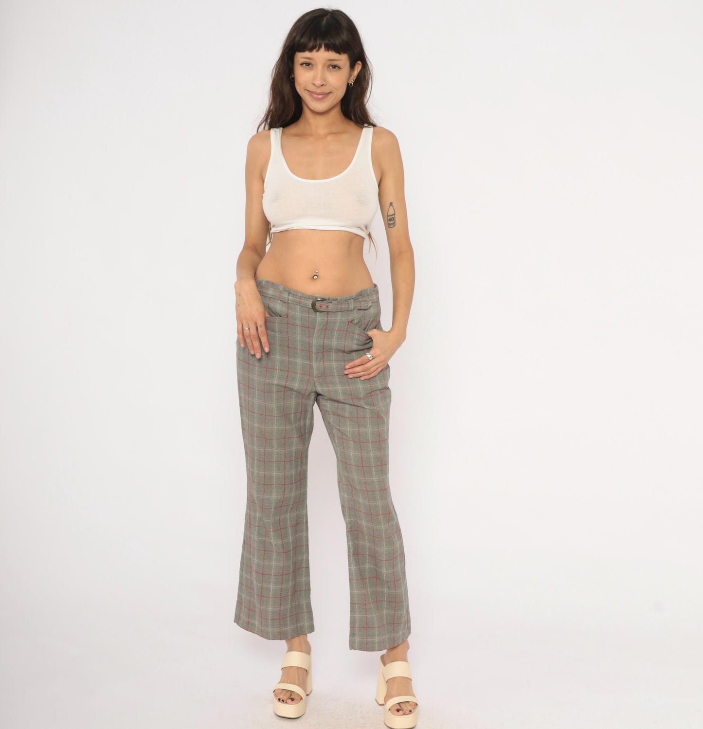 70s Grey Plaid Wool Blend Kick Flare Pants Red Windowpane Low Rise Medium M