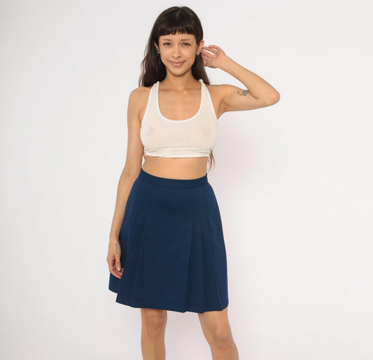 70s Navy Pleated A-Line Skirt High Waist Knee-Length Small