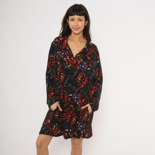 90s Sue Brett Collection Floral Mini Shirt Dress Black Burgundy Extra Large
