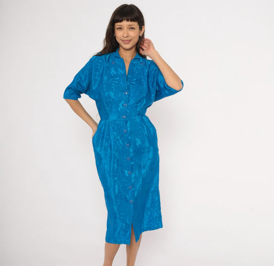 80s Joni Blair Cobalt Jacquard Shirtdress Midi Blue Half Sleeve Small S