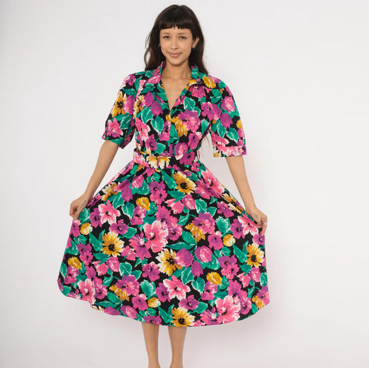90s Ultra Dress Floral Midi Shirtdress Belted Notch Collar Multicolor Extra Large XL