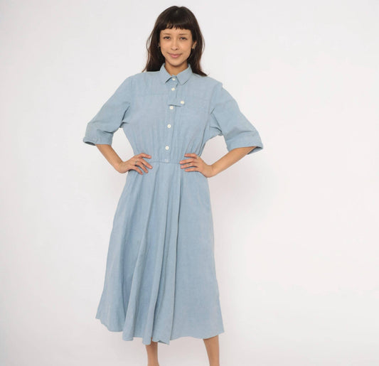 80s Powder Blue Chambray Shirt Dress Cotton Midi Flared Skirt Large L