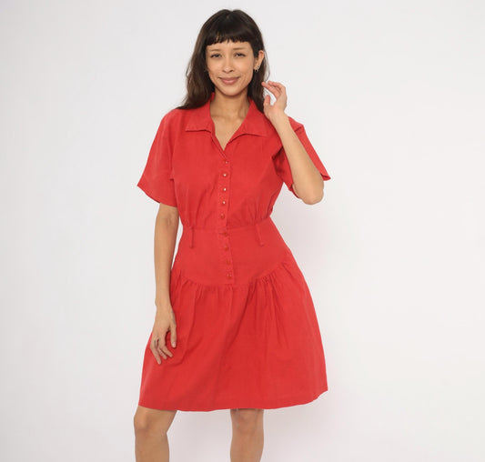 90s Wild Dress Red Cotton Shirtdress Drop Waist Gathered Skirt Medium M