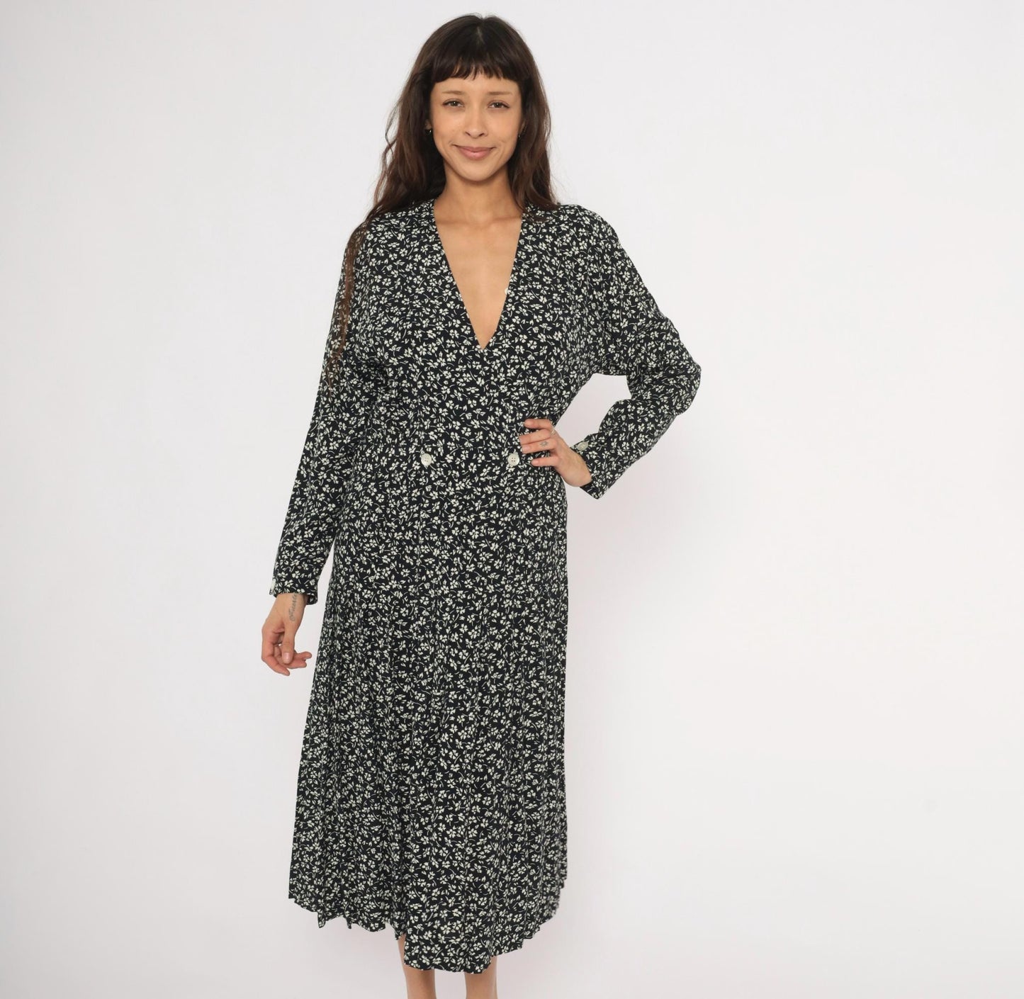 90s Liz Claiborne Black White Floral Midi Dress Double Breasted Large L