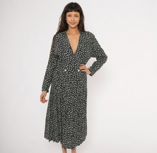90s Liz Claiborne Black White Floral Midi Dress Double Breasted Large L