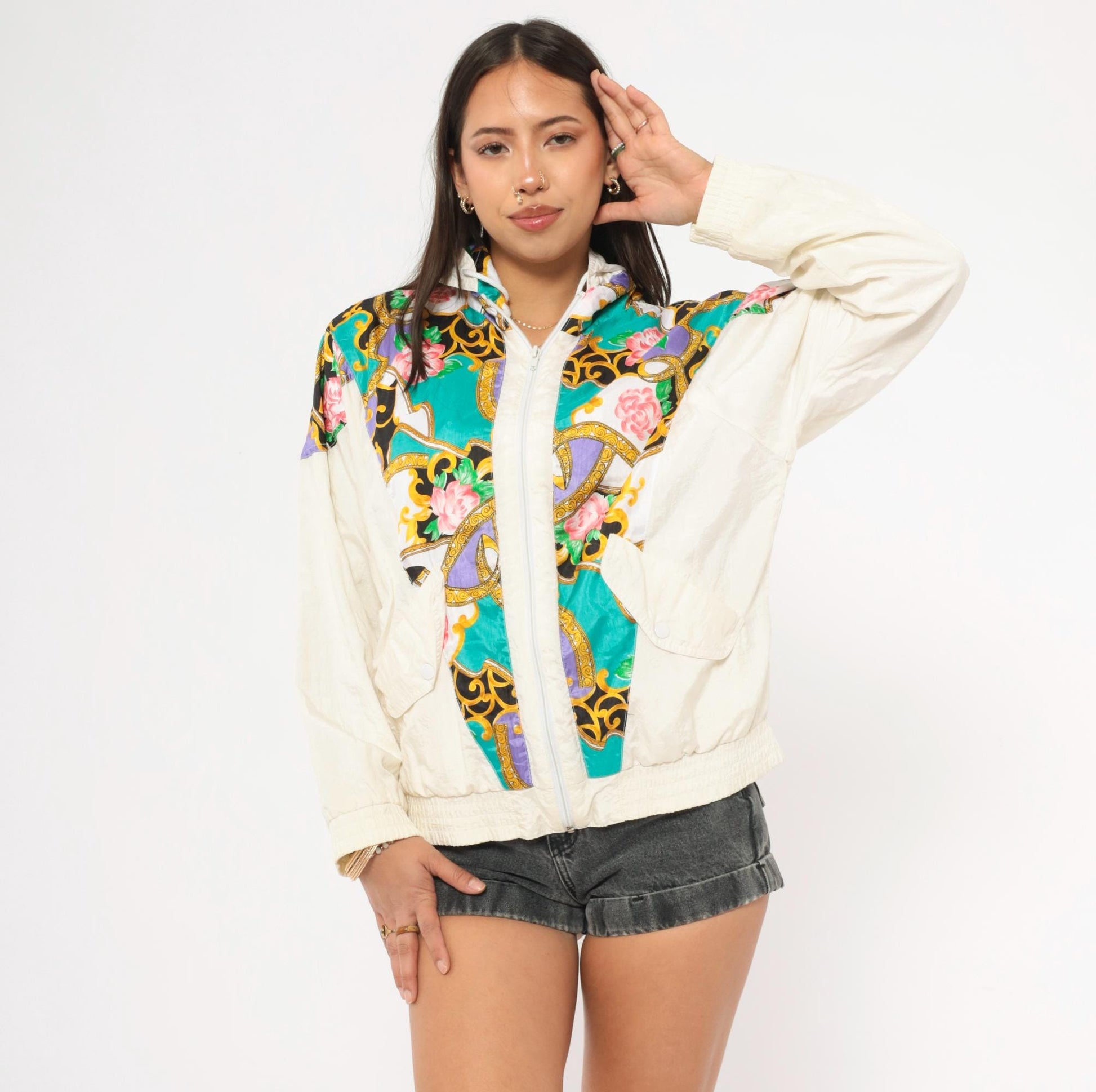 90s Sunterra Petite Baroque Rose Windbreaker Jacket Teal Gold Purple Pink Small