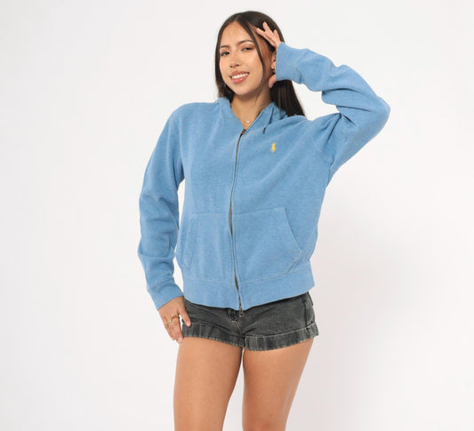 90s Polo Ralph Lauren Zip-Up Hoodie Sky Blue Cotton Medium M