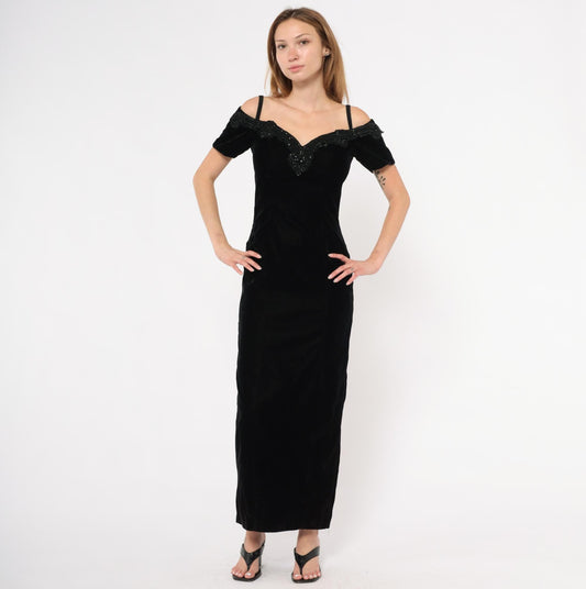 90s Rampage Black Velvet Maxi Gown Beaded Lace Off-Shoulder Extra Small XS