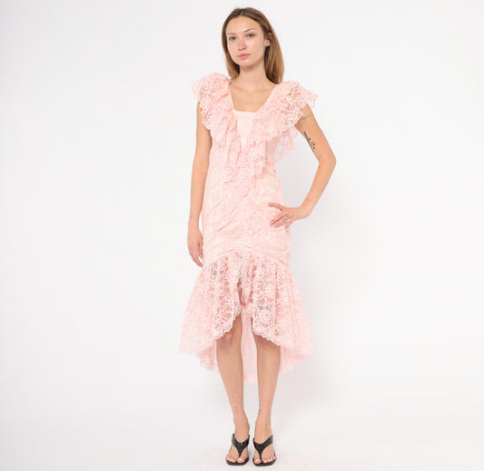 80s Pink Lace Midi Dress Floral Overlay Ruffled Cap Sleeves Small