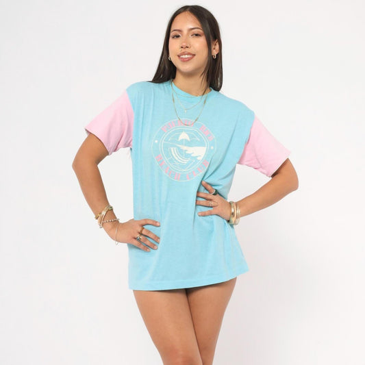80s Puerto Rico Beach Club Colorblock Tee Baby Blue Pink Graphic Medium