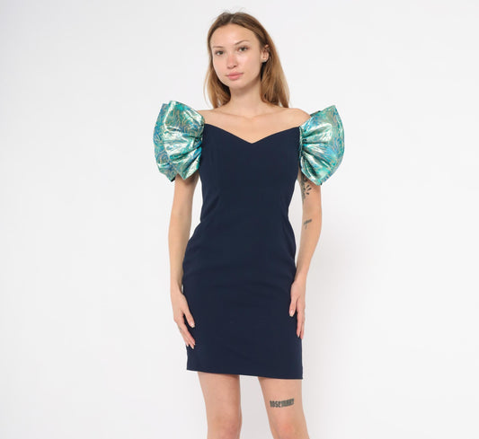 90s A.J. Bari Navy Metallic Puff Sleeve Mini Dress Sweetheart Neckline Small S