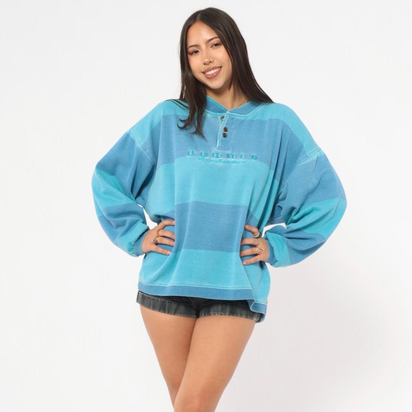 90s Permit Sportswirt Striped Henley Sweatshirt Blue Teal Colorblock Large L