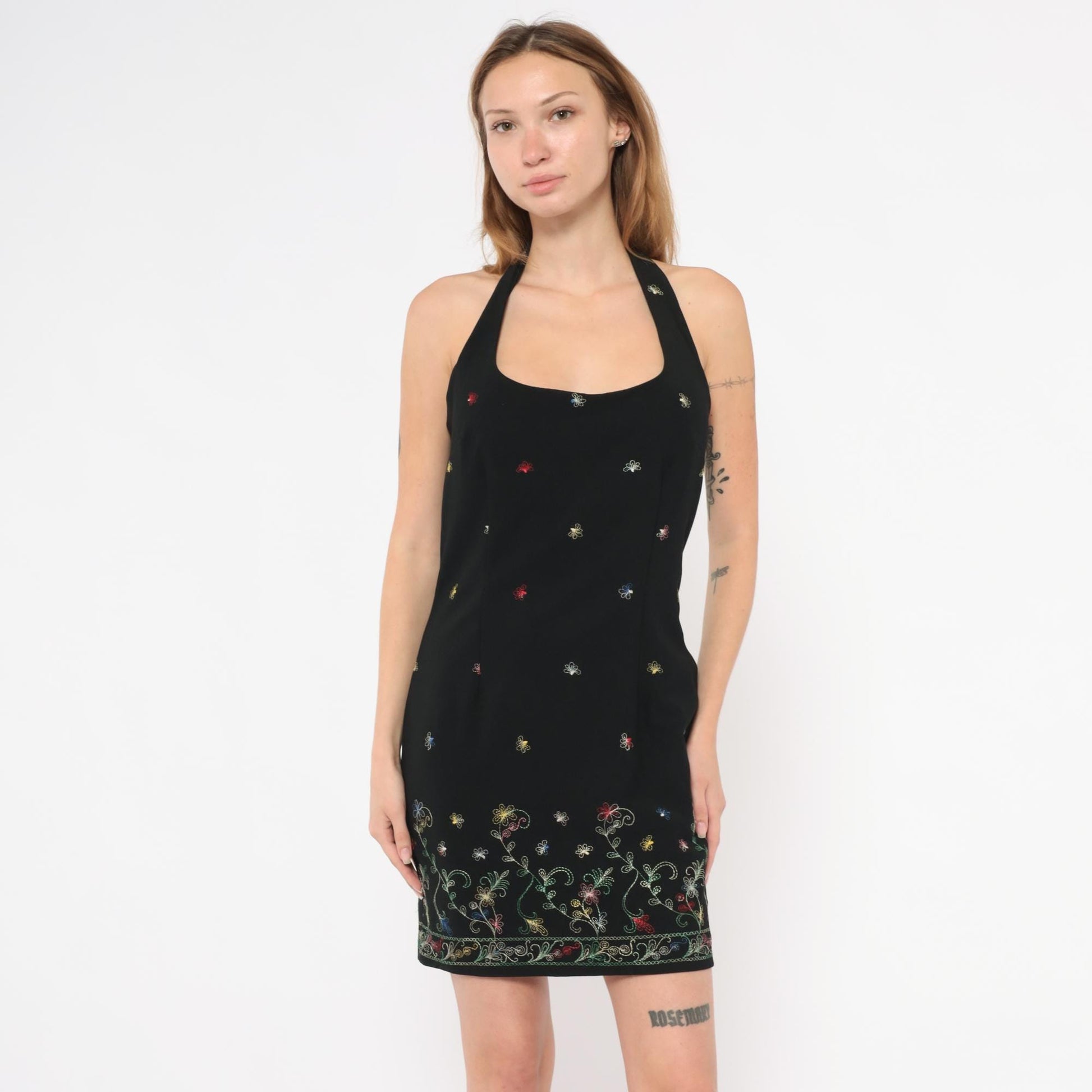 90s Hugo Buscati Black Halter Mini Dress Floral Embroidery Small Medium