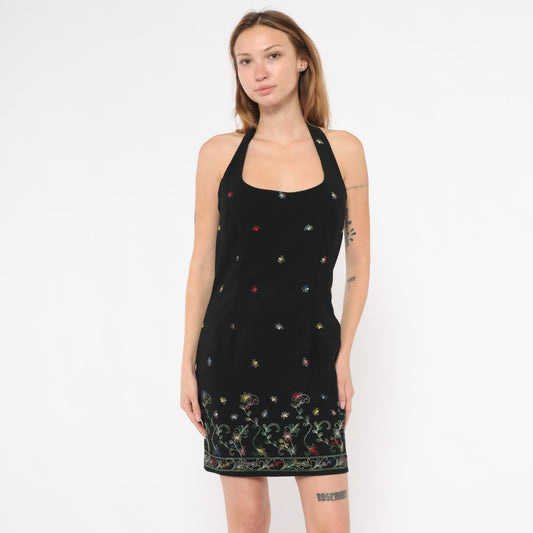90s Hugo Buscati Black Halter Mini Dress Floral Embroidery Small Medium