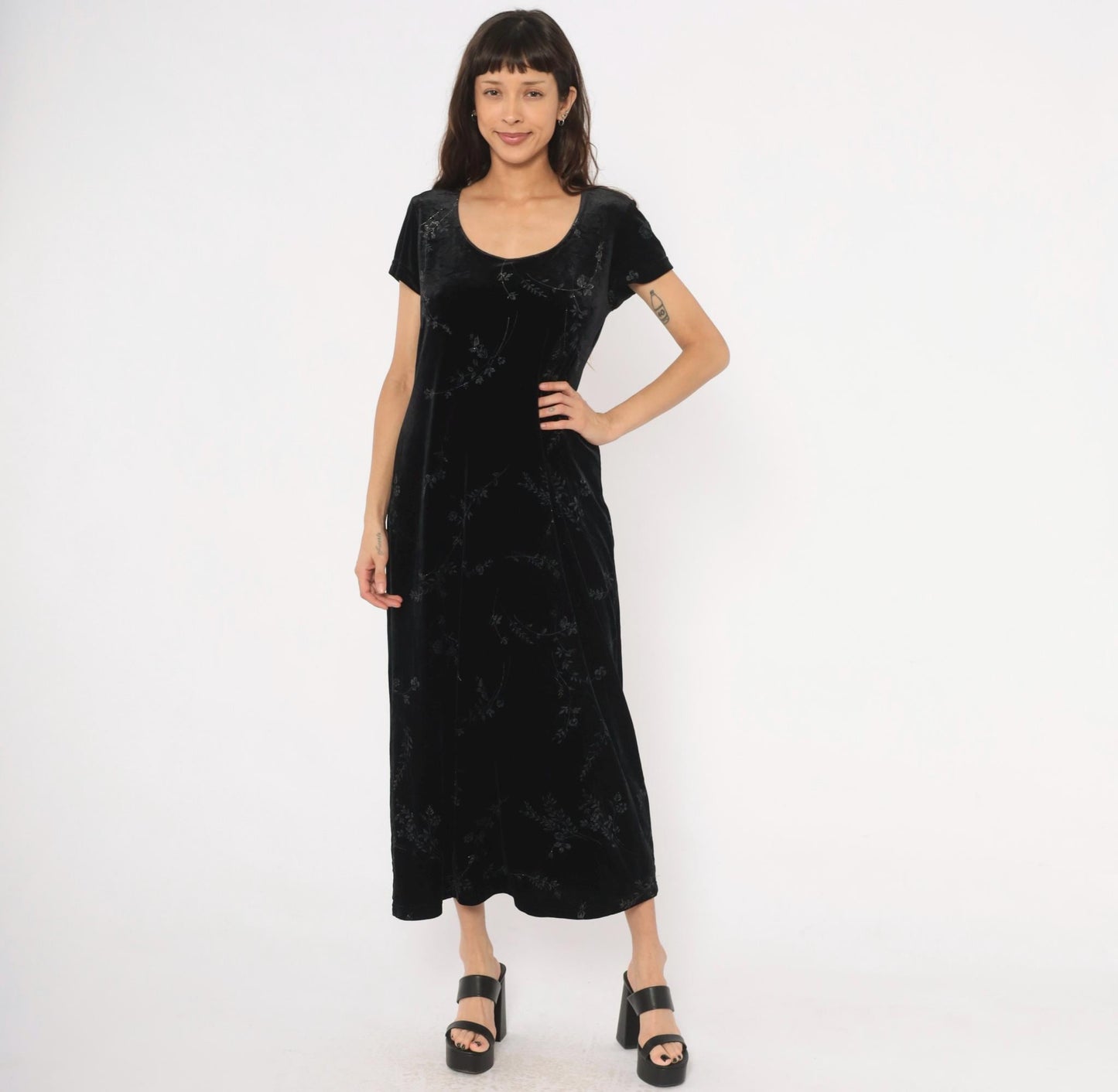90s DJ & Co Black Velvet Maxi Dress Burnout Floral Short Sleeve Large L