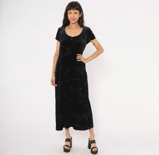 90s DJ & Co Black Velvet Maxi Dress Burnout Floral Short Sleeve Large L