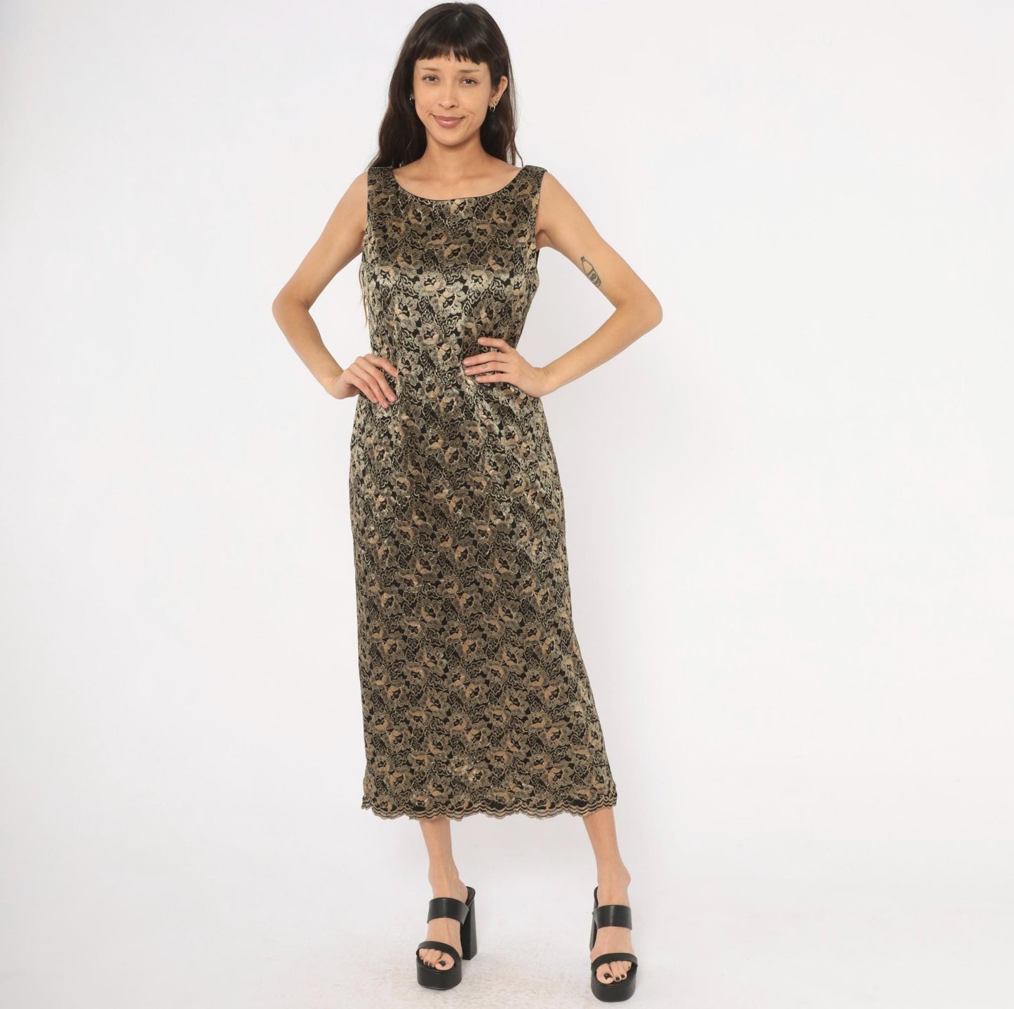 90s Jessica Howard Gold Floral Lace Maxi Dress Black Sleeveless Large L