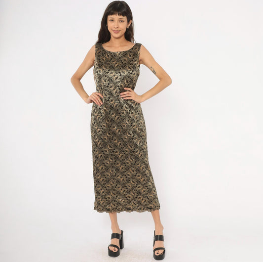 90s Jessica Howard Gold Floral Lace Maxi Dress Black Sleeveless Large L