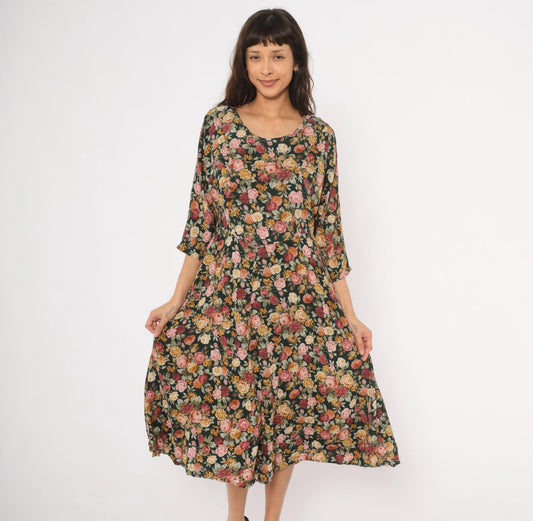 90s Paquette Floral Midi Dress Garden Rose Print Black Pink Burgundy Large L