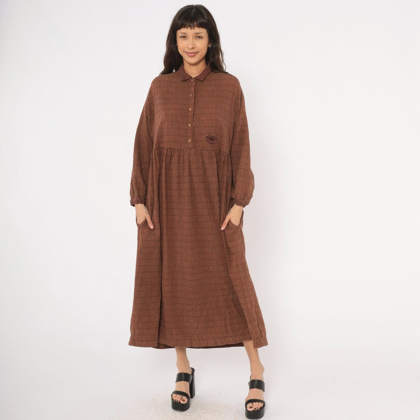 90s No Saint Brown Maxi Shirt Dress Houndstooth Collar Diamond Pattern Medium