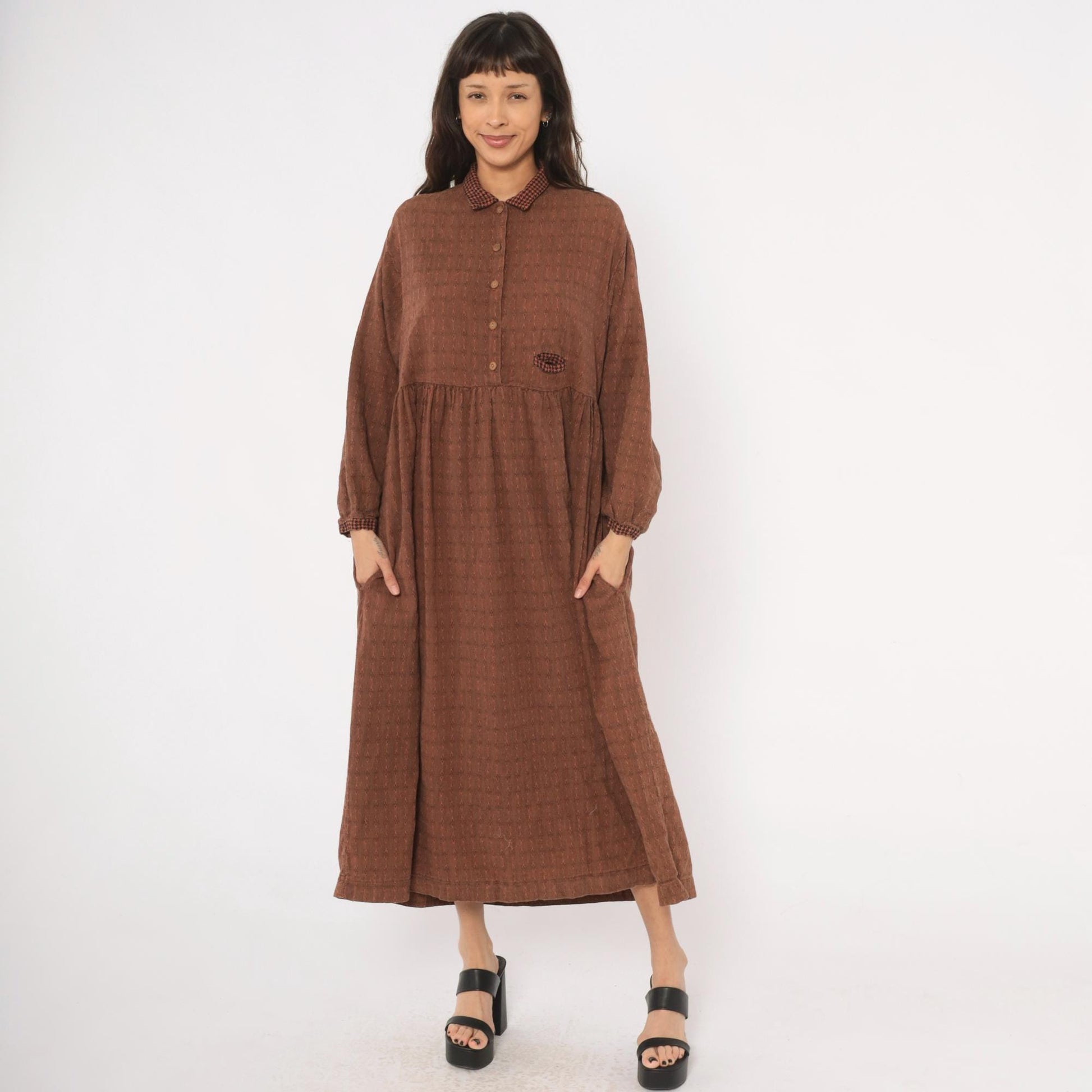 90s No Saint Brown Maxi Shirt Dress Houndstooth Collar Diamond Pattern Medium
