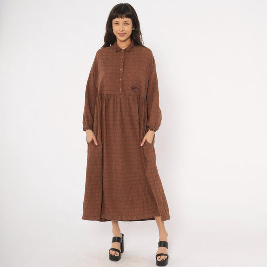 90s No Saint Brown Maxi Shirt Dress Houndstooth Collar Diamond Pattern Medium