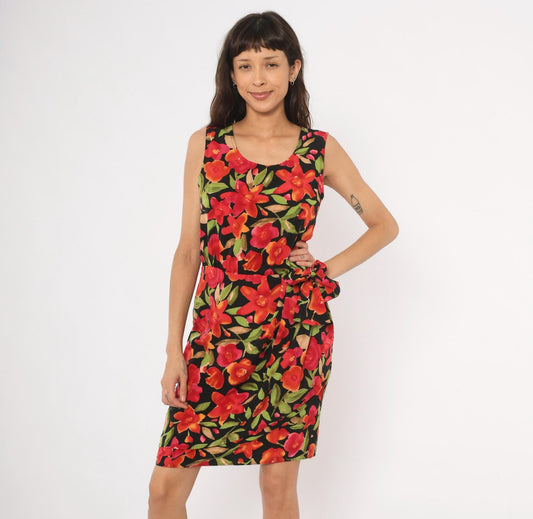 90s Sag Harbor Floral Wrap Dress Knee Length Black Red Tropical Medium M