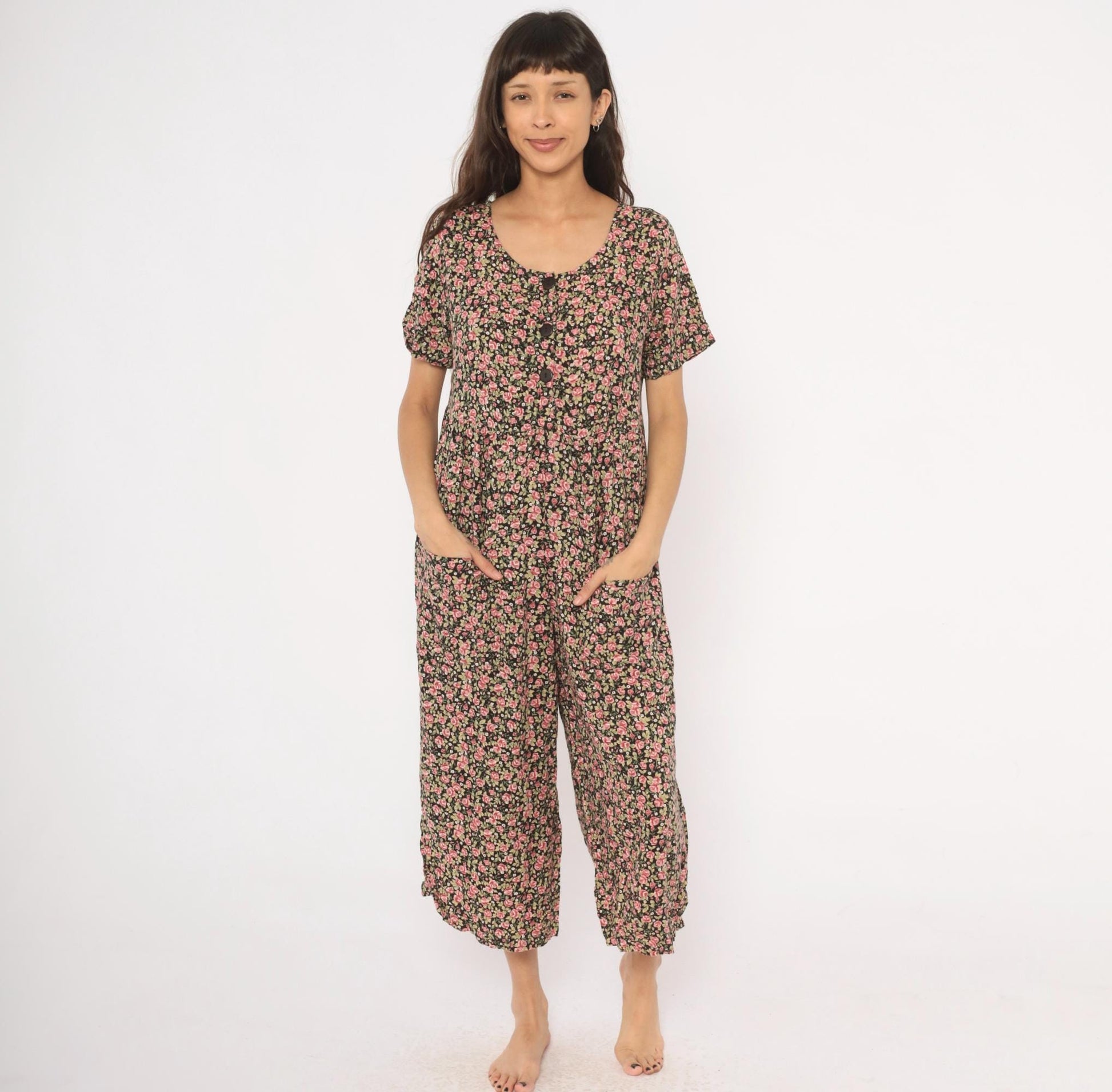 90s Black Floral Jumpsuit Wide Leg Rose Print Scoop Neck Medium M
