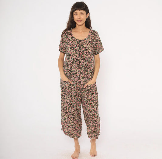 90s Black Floral Jumpsuit Wide Leg Rose Print Scoop Neck Medium M