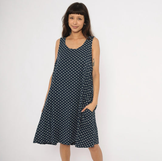 80s Steena Navy Sundress White Geometric Print Cotton Knee-Length Large L