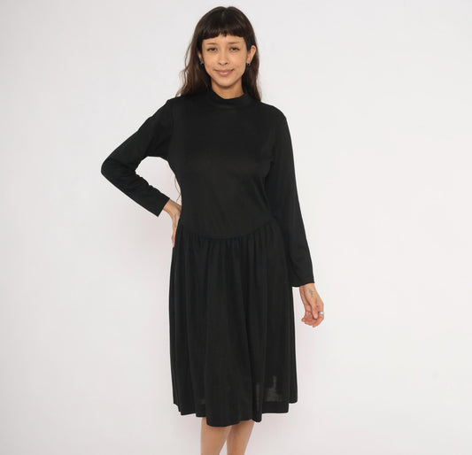 80s Vicky Vaughn Mock Neck Dress Black Drop Waist A-Line Medium M