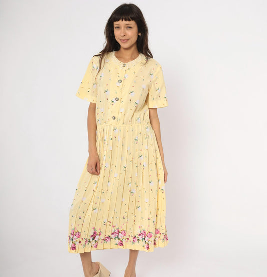 80s Leslie Fay Butter Yellow Floral Midi Dress Lace Collar Pleated Skirt Large L