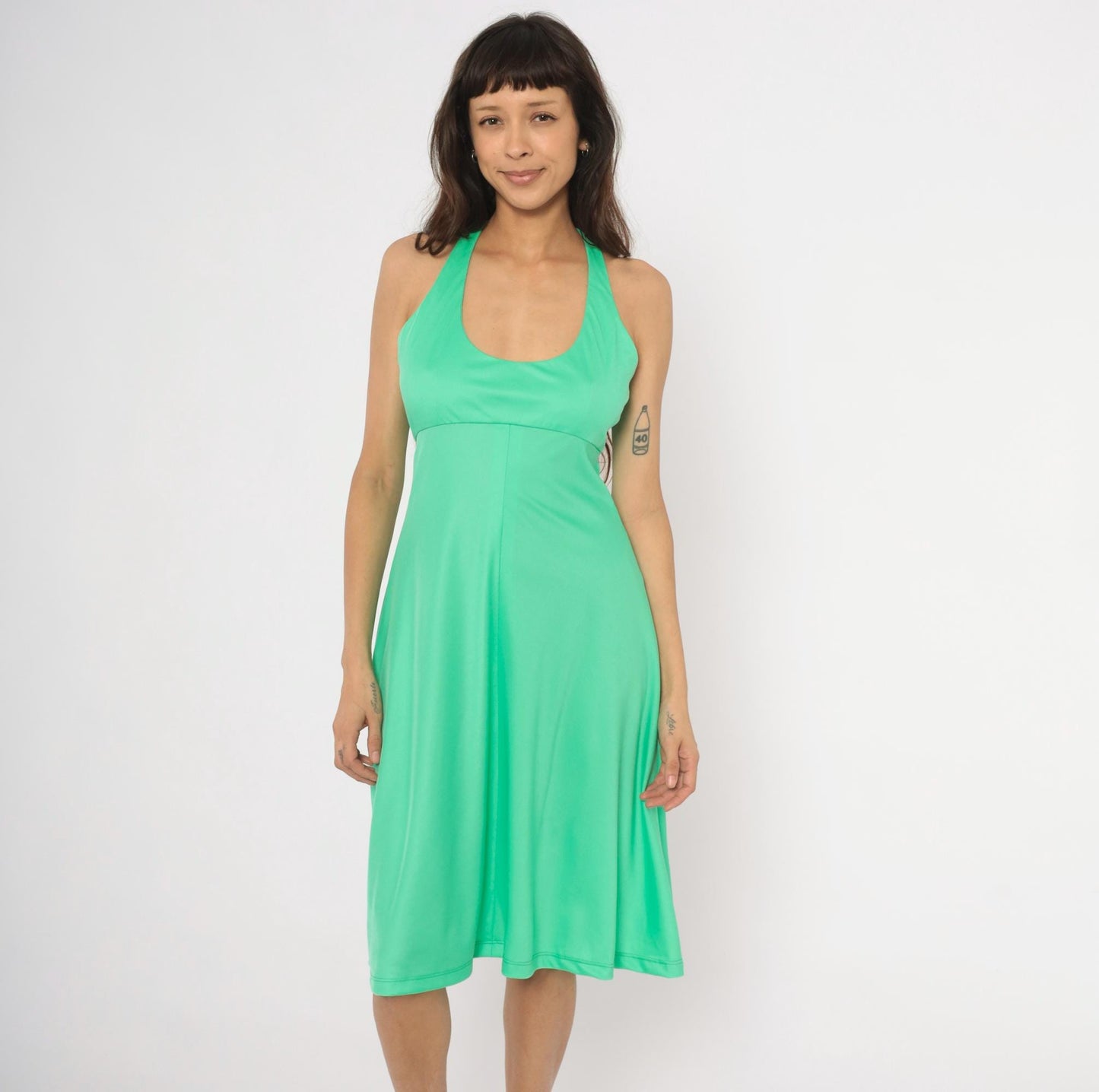 70s Joan Leslie Mint Green Halter Sundress Open Back Tie Neck Medium M