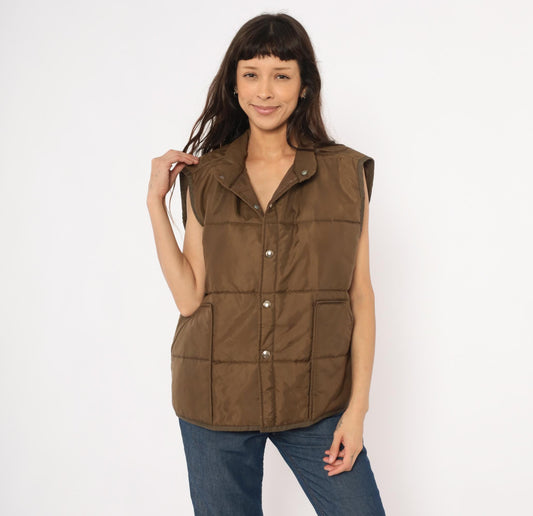 80s Brown Quilted Puffer Vest Snap Front Sleeveless Jacket Large L