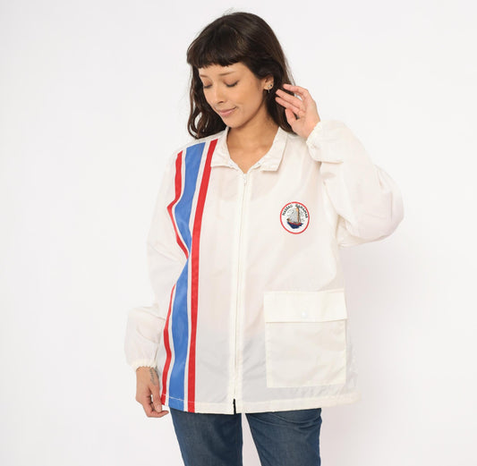 80s Club Nautique Windbreaker White Nylon Nassau Bahamas Sailing Patch Medium