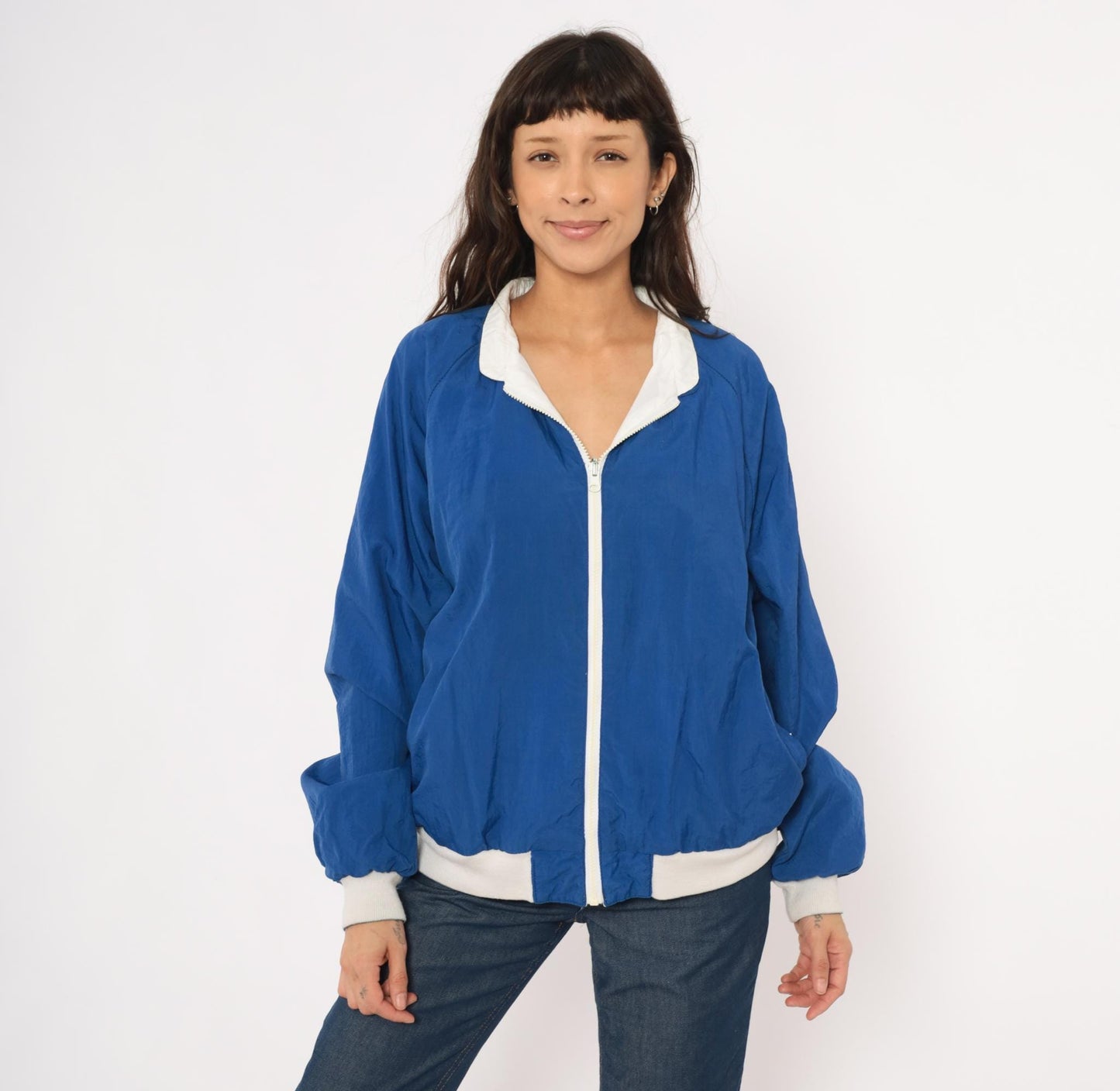 80s Sasson Reversible Windbreaker Blue White Colorblock Raglan Jacket Large