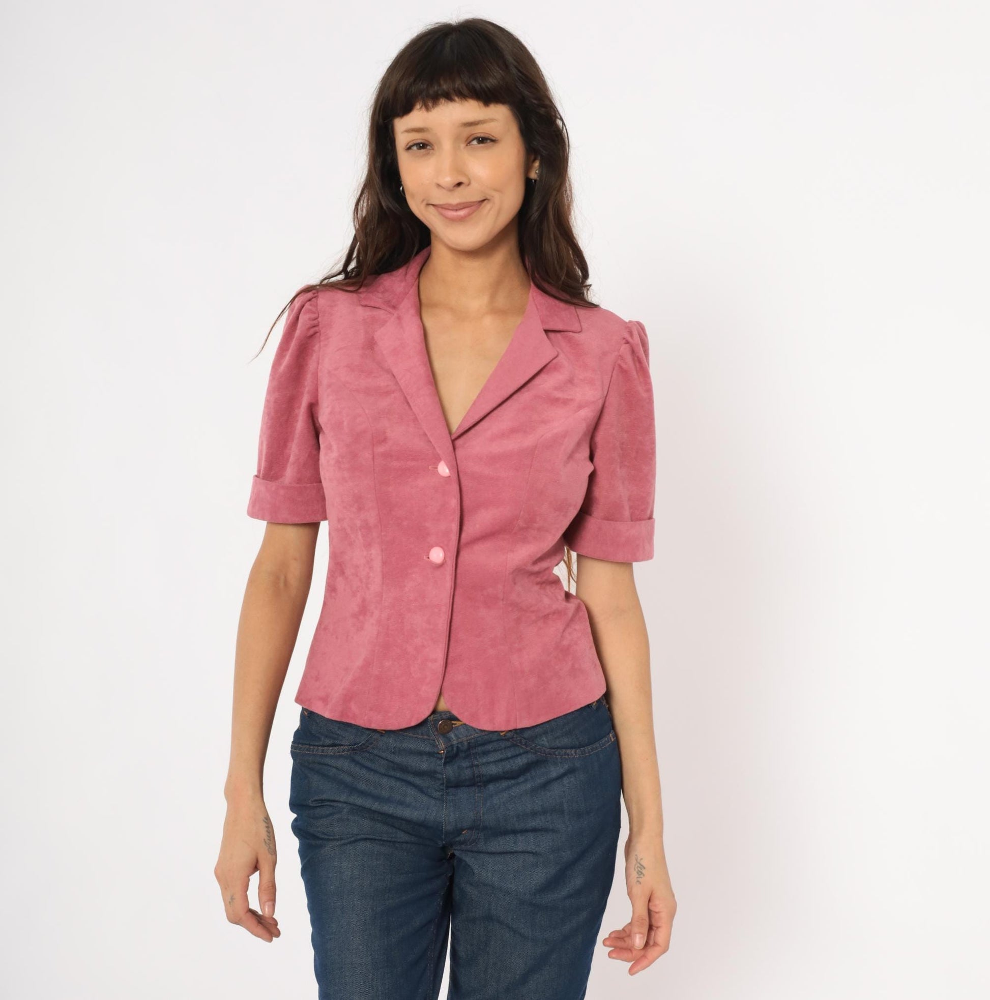 80s Mauve Puff Sleeve Blazer Pink Notched Lapel Fitted Cropped Jacket Small S