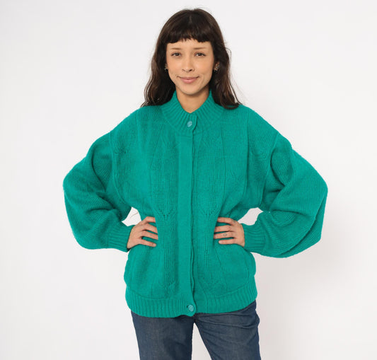 90s Astri Teal Mohair Cardigan Leaf Cable Knit Bomber Medium M