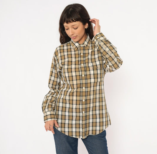 90s Steeplechase Plaid Button-Up Shirt Tan Navy Cream Medium